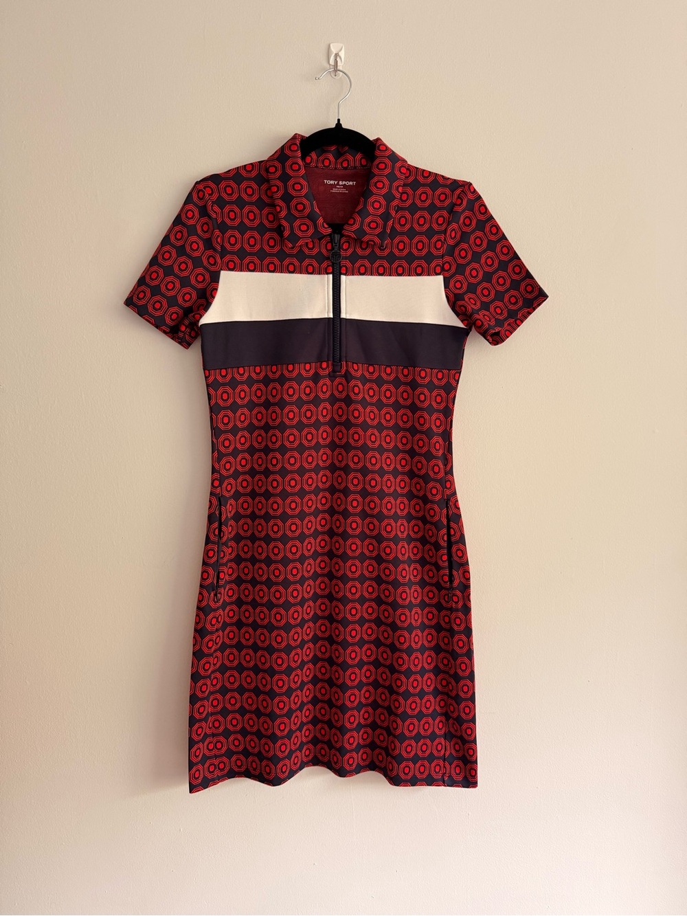 Tory Sport Red Geometric Polo Mini Dress with White and Navy Bands